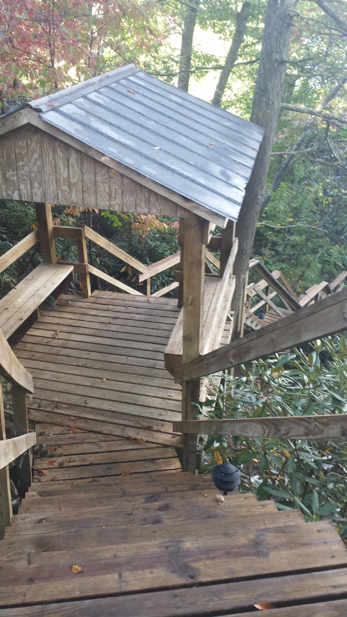 Metal roofed shelter over wooden steps on a wooded walkway — Skylight Repair & Installation work by our crew in New Pine Creek